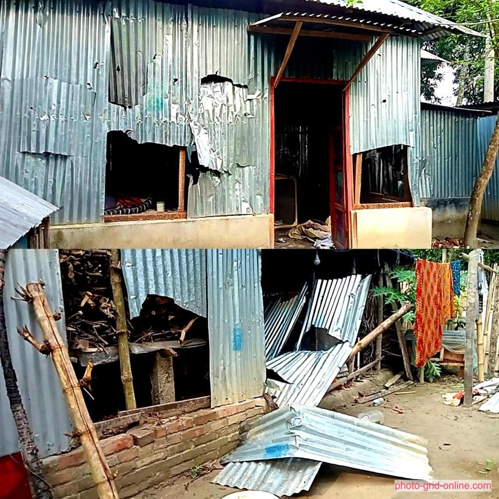 সালথা ফরিদপুর সংঘর্ষে ভাঙচুর ও অগ্নিসংযোগে ক্ষতিগ্রস্ত বাড়ির দৃশ্য
