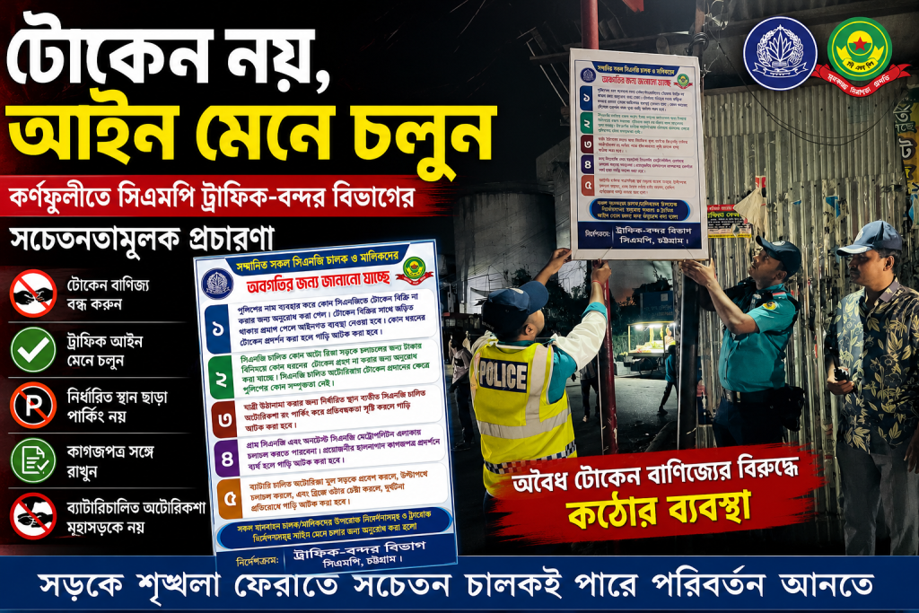 কর্ণফুলীতে সিএমপি ট্রাফিক-বন্দর বিভাগের সচেতনতামূলক পোস্টারে সিএনজি চালক ও মালিকদের জন্য ট্রাফিক আইন মেনে চলার নির্দেশনা